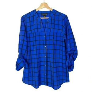 Attention Bright Blue Black Plaid Long Sleeve Blouse L